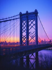 Fototapeta premium A twilight view of a bridge against a colorful sunset sky, showcasing urban architecture.