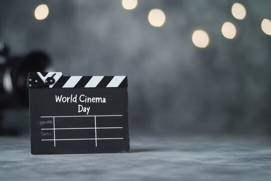 World Cinema Day Concept with Clapperboard and Camera on Background