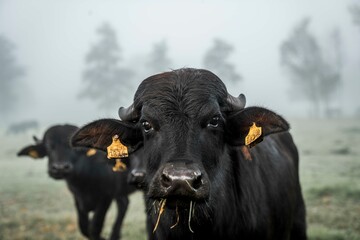 Group of Black water buffalo Cattle Standing in Foggy Field with Morning Mist, Grazing on Dew-Covered Grass in Rural Pastureland, Surrounded Moody and Atmospheric Farm Scene