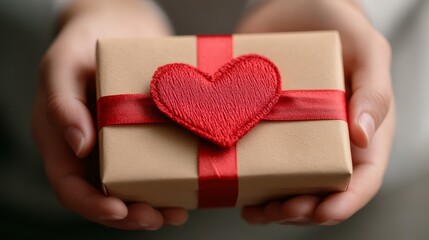 Hands Holding a Red Gift Box with Ribbon for Special Celebration