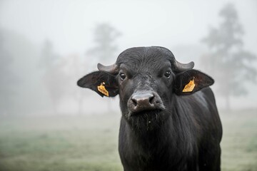 Group of Black water buffalo Cattle Standing in Foggy Field with Morning Mist, Grazing on Dew-Covered Grass in Rural Pastureland, Surrounded Moody and Atmospheric Farm Scene
