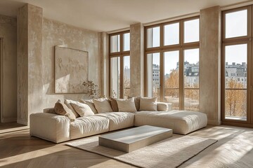 Modern Scandinavian interiors in a living room with large windows and good lighting. Generative AI
