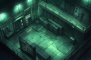 Obraz premium A Top Down View of a Cracked Tile Floor in a Dark Green, Modern Building.