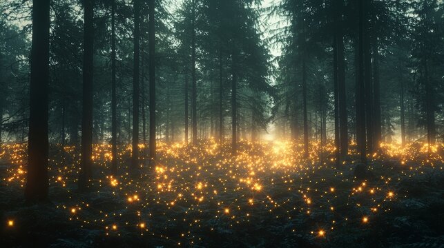 A peaceful forest landscape illuminated by a network of glowing lights, capturing the essence of connectivity and the mysteries of nature in a serene setting.