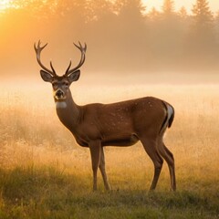 Majestic Deer at Sunrise, Buck in Foggy Field, Deer in Golden Light, Wildlife Photography, Nature Photography