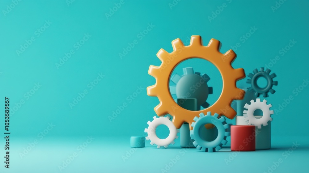 Poster Colorful gears and blocks on a vibrant background representing innovation and creativity in design