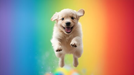 Fototapeta premium Playful puppy leaping against a vibrant rainbow background