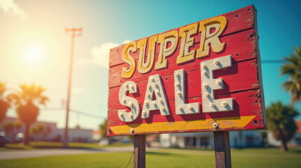 Colorful Super Sale Sign on Bright Sunny Day &ndash; Eye-Catching Stock Image for Marketing & Promotion