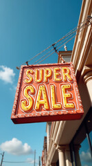 Colorful Super Sale Sign on Bright Sunny Day &ndash; Eye-Catching Stock Image for Marketing & Promotion
