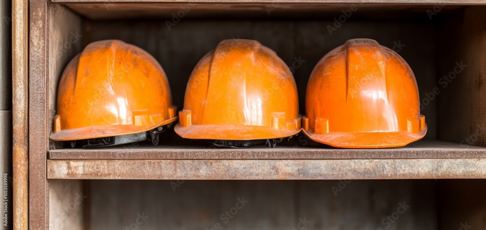 Wall mural three orange safety helmets neatly arranged on a wooden shelf, symbolizing workplace safety and cons