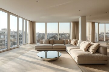 A mid century modern interior with a large window and a spacious living room with a sofa and table. Generative AI
