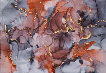 Snaking rivers of metallic gold weave through  vibrant interplay of soft and bold tones. Movement and balance in nature, crafted in the fluid ink technique to create seamless transitions  rich texture