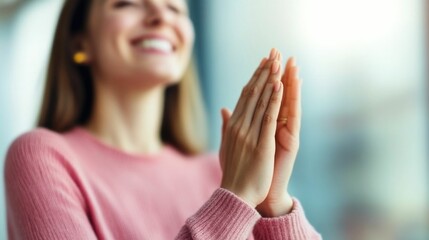 A diverse group of coworkers enthusiastically clapping and celebrating a successful business presentation or meeting with warm blurred background tones and deep depth of field