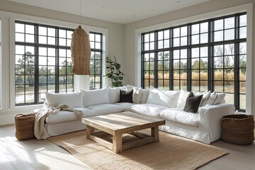 Fototapeta premium A mid century modern interior in a living room with a view of windows made from black window frames and a sofa and table. Generative AI 