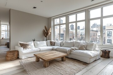 Fototapeta premium Modern Scandinavian interiors in the living room with windows visible and sofas and tables. Generative AI 