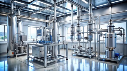 Obraz premium A sterile, industrial setting with gleaming stainless steel equipment and intricate piping systems, showcasing the meticulous precision of modern manufacturing processes.