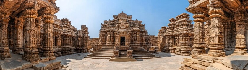 Fototapeta premium Ancient temple complex showcasing intricate stone carvings and architecture under a clear sky.