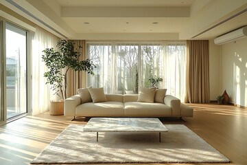 Fototapeta premium Midcentury Modern interiors in residential living rooms with large windows and sofas and tables. Generative AI 