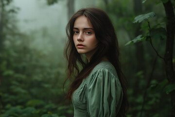 Naklejka premium Young Woman with Long Dark Hair in Green Dress Standing in a Misty Forest, Looking Pensively into Distance