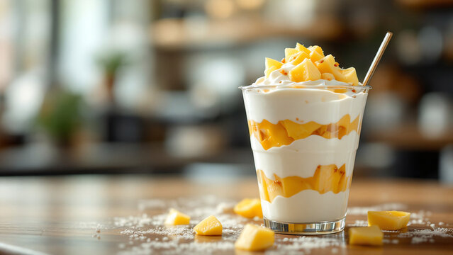 Layered parfait with pineapple and yogurt in a glass, set in a cozy caf&eacute; environment