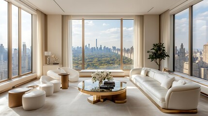 Fototapeta premium Modern living room with city view and elegant decor.