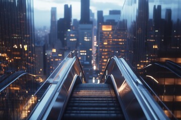 Obraz premium Urban transportation hub at night with people moving up and down the escalator
