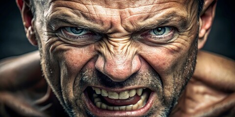 Obraz premium The raw intensity of an enraged expression, eyes burning with a primal fury, teeth bared in a silent scream