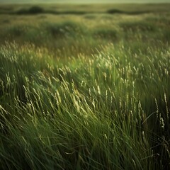 Green meadow landscape with blue sky.