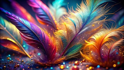 Fototapeta premium A symphony of iridescent feathers, bathed in a mesmerizing spectrum of hues, adorned with glittering dust, creating a mesmerizing, otherworldly spectacle.