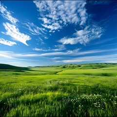 Green meadow landscape with blue sky.