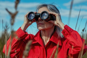 Fototapeta premium A person examining the surroundings with binoculars, potentially for birdwatching or surveillance
