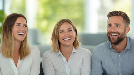 Fototapeta premium Group of Happy Professionals Laughing and Discussing Ideas During Casual Corporate Team Meeting in Modern Office Environment