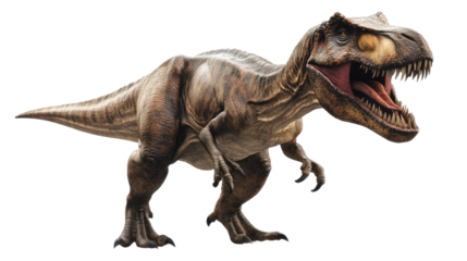 A 3D render of a Tyrannosaurus rex dinosaur isolated on a white background, showcasing its prehistoric features as a giant, extinct creature