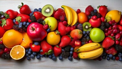 Vibrant mix fresh fruit om white wooden background 