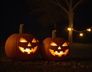 A spooky glowing pumpkin decorations. Pumpkins with glowing eyes at night lying on the grass. Halloween decoration with small lanterns handing in the background