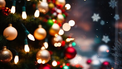 Blurred decorated Christmas tree defocused golden bokeh lights garland. magic festive atmosphere. Christmas copy space greeting card