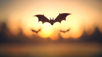 Naklejka premium Bats silhouetted against a glowing sunset sky