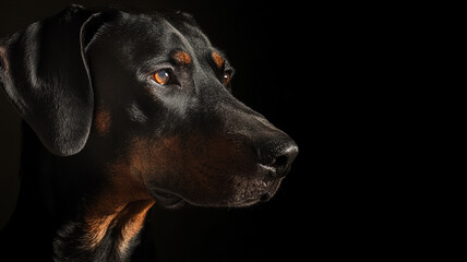 A black dog with brown markings, posed in soft light against a dark background