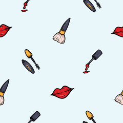 Bright seamless pattern with lips, nail polish, mascara and cosmetic brush. Vector background for a beauty salon, advertising the services of a hairdresser, cosmetologist. Set of symbols and icons