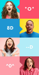 Creative collage with different people expressing various happy emotions paired with matching...