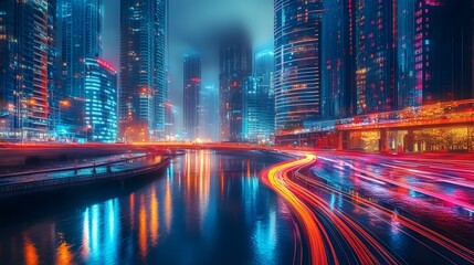 Obraz premium Vibrant night cityscape with tall buildings reflecting in water, dynamic light trails.