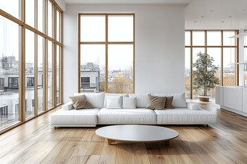 Fototapeta premium Minimalist, modern Scandinavian interiors in a well-lit living room with white sofas and tables. Generative AI 