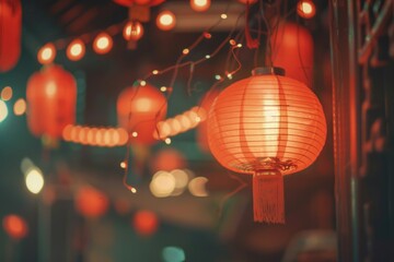 Obraz premium A bunch of red lanterns hang from the ceiling, creating a cozy and intimate atmosphere