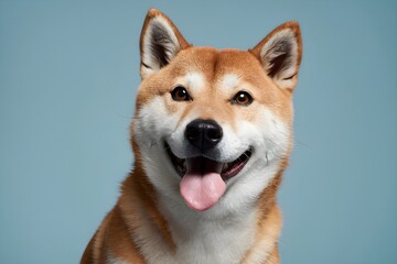 Joyful Shiba Inu, tan coat, tongue out, light blue background enhances playfulness