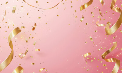 Fondo rosa de fin de año con serpentinas y confetti dorado y el numero 2025 de brillantina