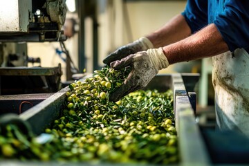A person wearing a blue shirt and white gloves sorting olives, potentially for culinary or industrial purposes