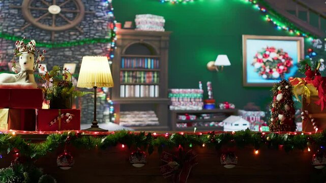Festive North Pole log cabin where Santa and his helpers are making toys, empty colorful workshop with x mas decorations and garlands spreading the warmth of the holiday season.