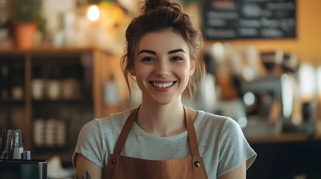 friendly waitress welcoming customers at cash register. 