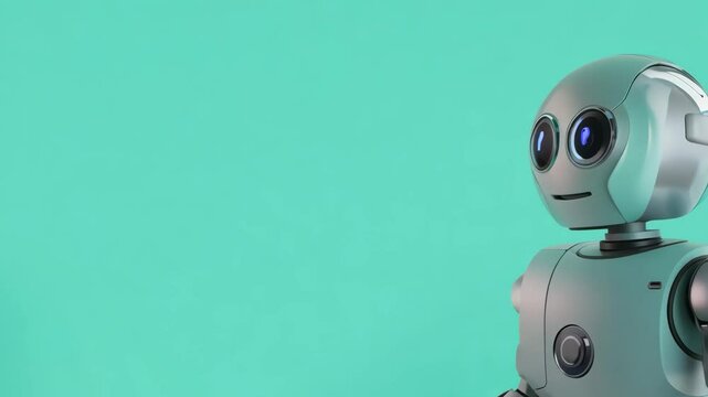 A robot is standing in front of a green background. The robot is smiling and has a friendly expression