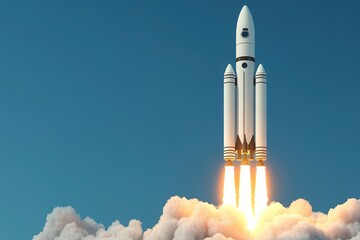 Naklejka premium A majestic rocket launches into the clear blue sky, symbolizing exploration and innovation in space technology.